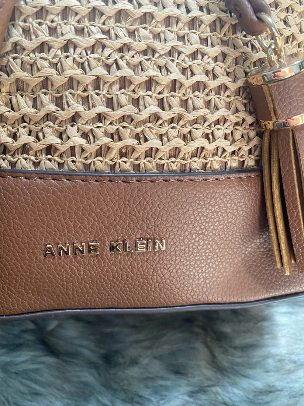 Anne Klein Brown and Tan Woven Bucket Bag